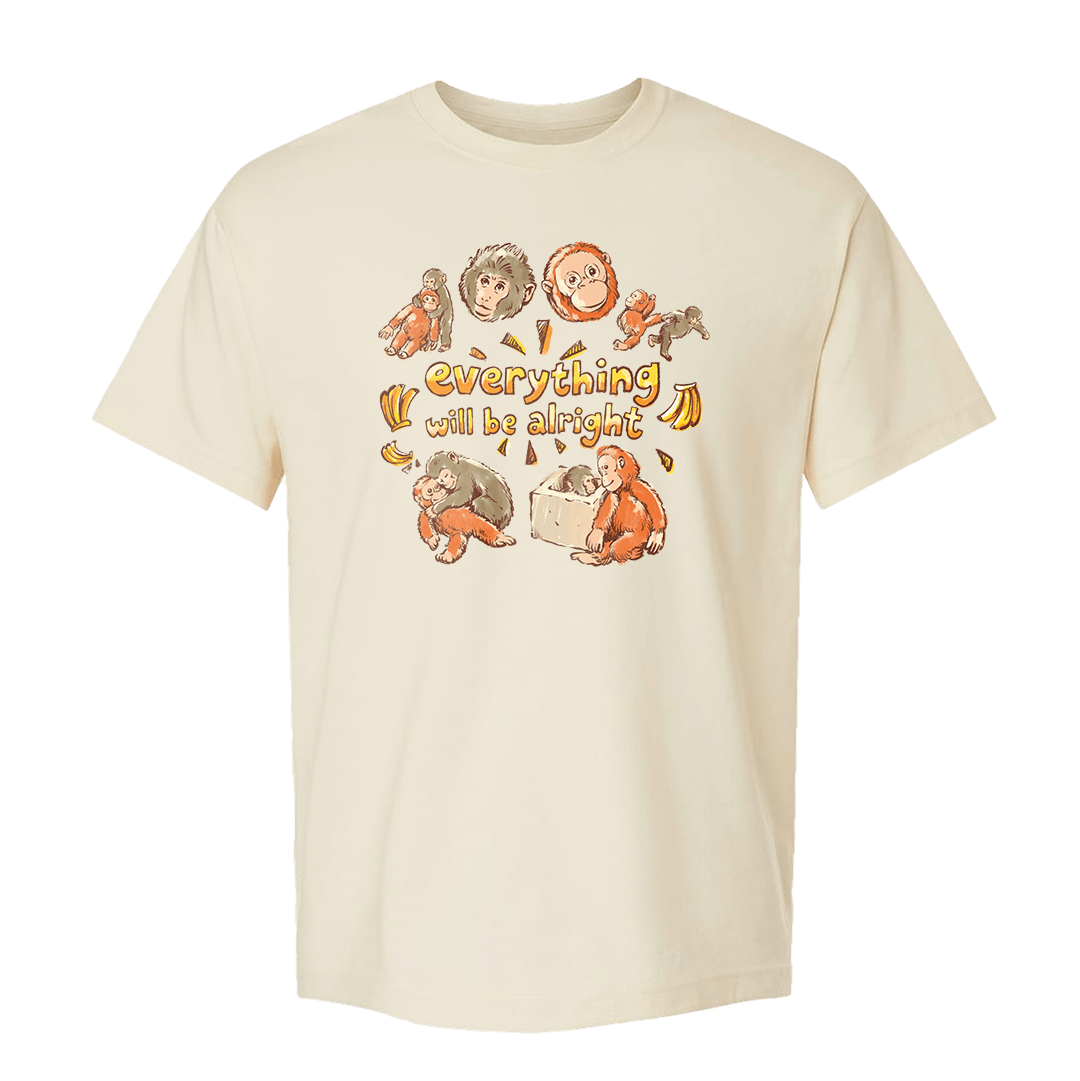 Cream t-shirt with drawings of Punch the monkey and his Ikea orangutan plushie surrounding the text "everything will be alright".