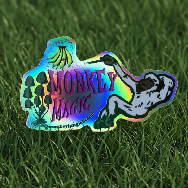A multicolored sticker with a design that includes text 'MONKEY MAGIC' and an illustration of a monkey with a rainbow effect in the background.