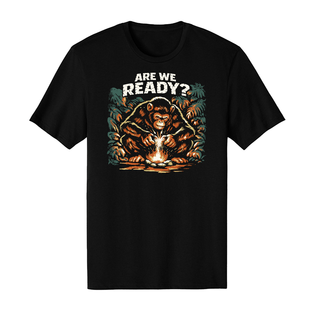 Chimp Starts Fire T-shirt featuring a quirky monkey ready to ignite chaos in earthy jungle tones.
