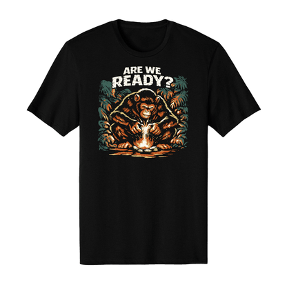 Chimp Starts Fire T-shirt featuring a quirky monkey ready to ignite chaos in earthy jungle tones.