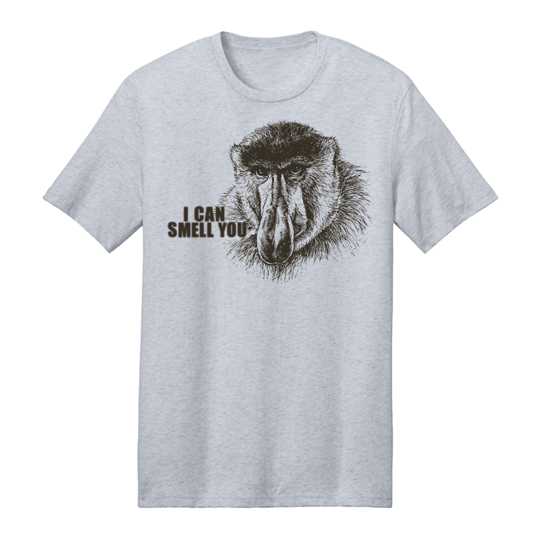 Proboscis Can Smell You T-Shirt featuring a vintage sketch of a Proboscis monkey with the text 'I CAN SMELL YOU'.
