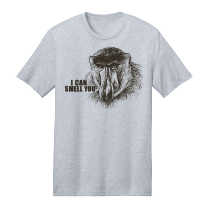 Proboscis Can Smell You T-Shirt featuring a vintage sketch of a Proboscis monkey with the text 'I CAN SMELL YOU'.
