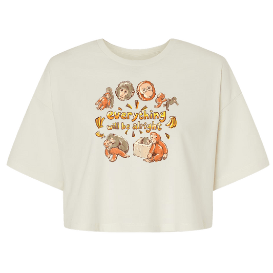 Cream cropped t-shirt with drawings of Punch the monkey and his Ikea orangutan plushie surrounding the text "everything will be alright". 