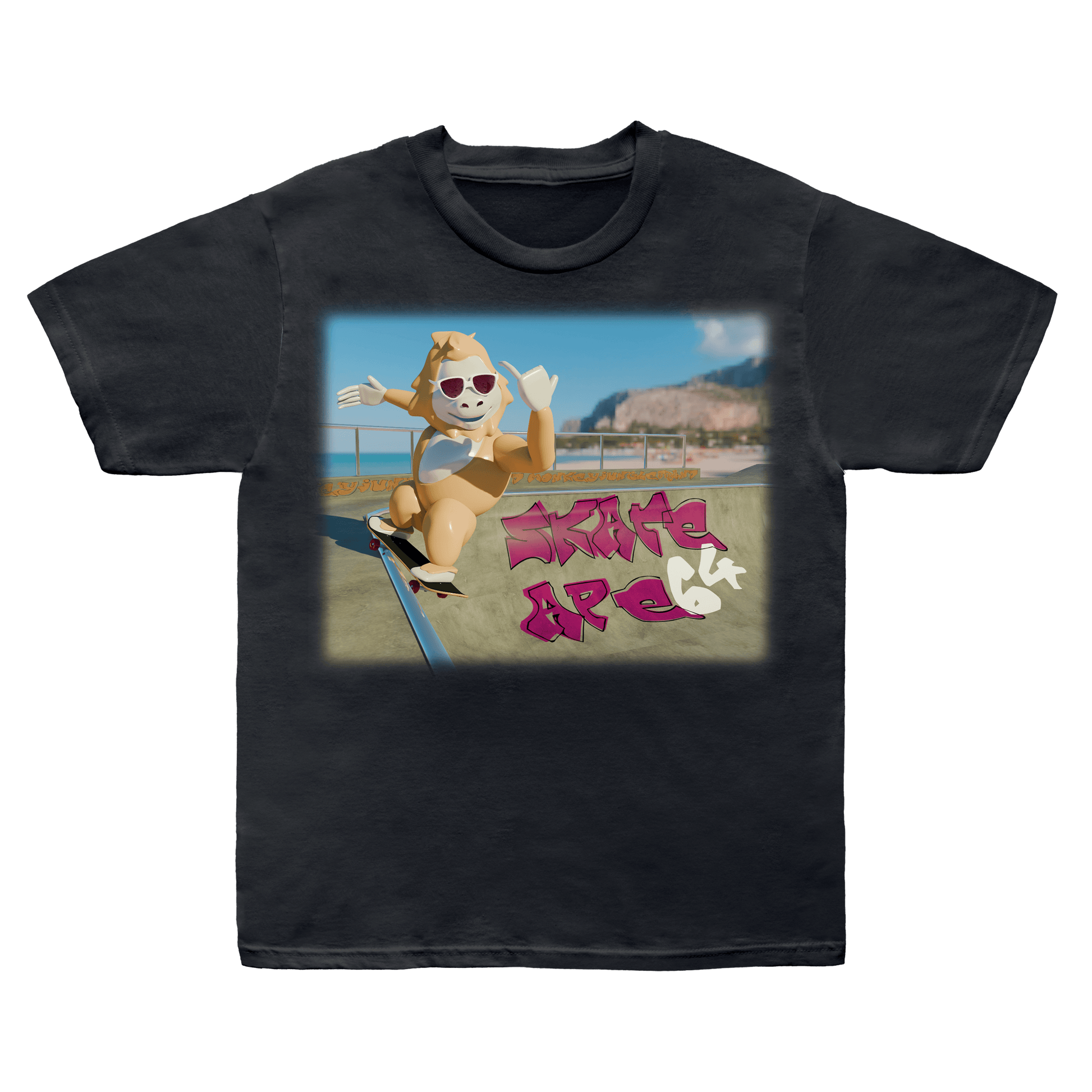 Black t-shirt with a graphic of a cartoon orangutan on a skateboard and text 'Skate Ape 64' at a skate park.