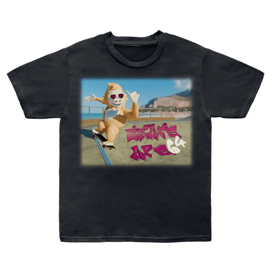 Black t-shirt with a graphic of a cartoon orangutan on a skateboard and text 'Skate Ape 64' at a skate park.