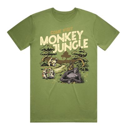Green t-shirt with 'Come Visit Monkey Jungle' graphic design with different primates in a jungle setting.