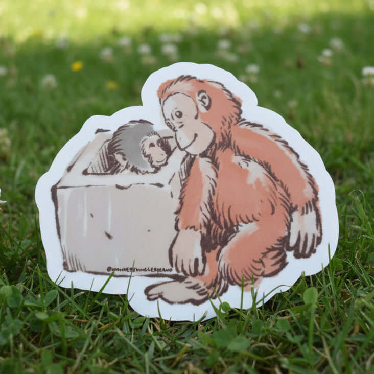 Punch Cinder Block Sticker featuring hand-drawn art of a monkey and his plush friend on a grassy background.