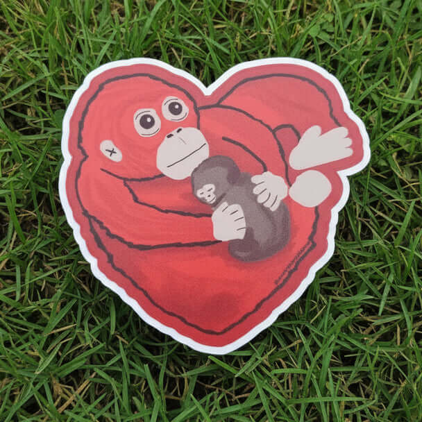 Punch Love Sticker featuring a cute monkey hugging another in a heart shape, perfect for monkey apparels.
